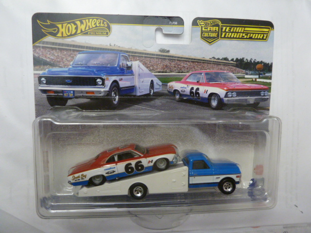 Hotwheels - 2021 - Premium - Car Culture - Team Transport - '66 CHEVELLE - '72 CHEVY RAMP TRUCK - # 64 - Blue white and red
