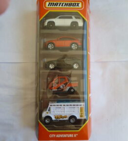 Matchbox - 2023 - 5 Car Multipack - CITY ADVENTURE II - # HVT76 - Featuring orange tricycle and white Tacos van